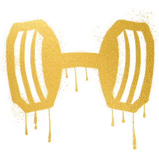 Das Bild zeigt eine in gelb handgemalte, stilisierte Kurzhantel.