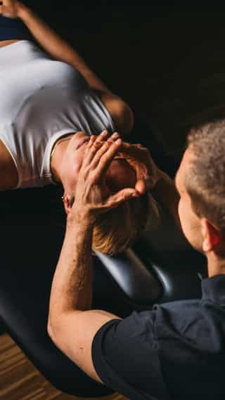 Therapeut von PhysioSport Köln mobilisiert die Nackenmuskulatur einer Patientin.